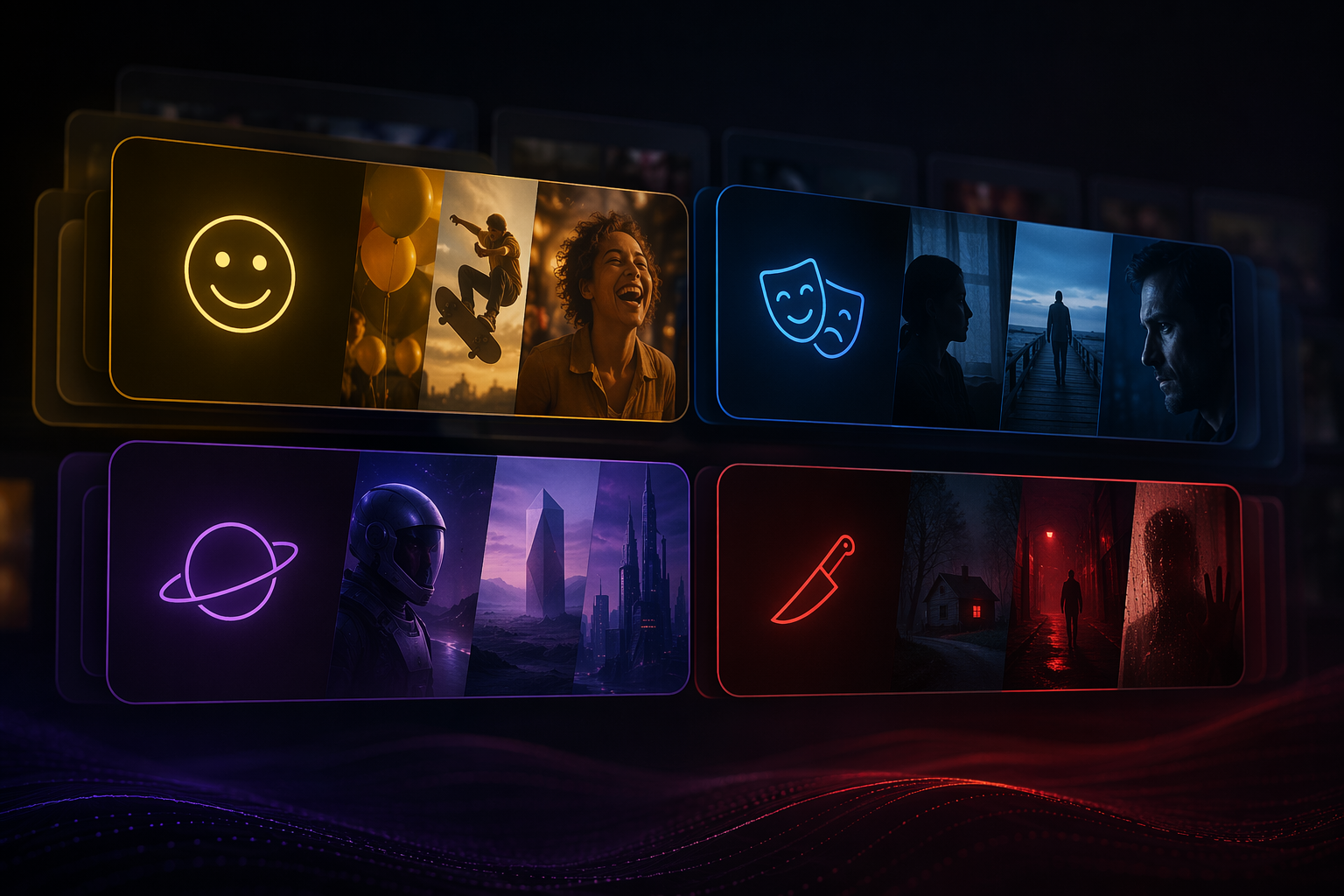 Cinematic genre cards for comedy, drama, sci-fi, and thriller arranged in a dark streaming guide layout