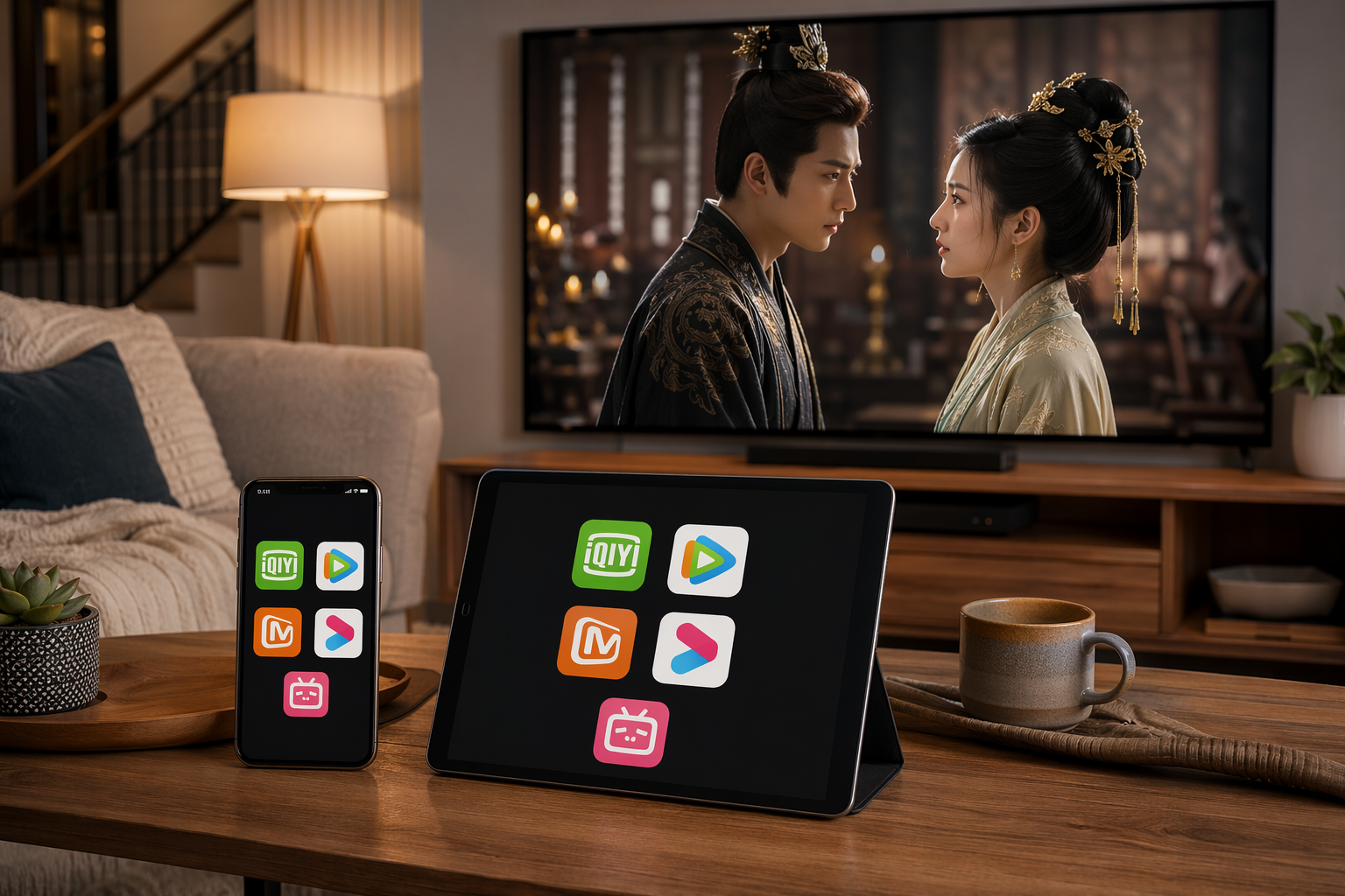 American living room with devices showing Chinese streaming apps and a period drama on TV