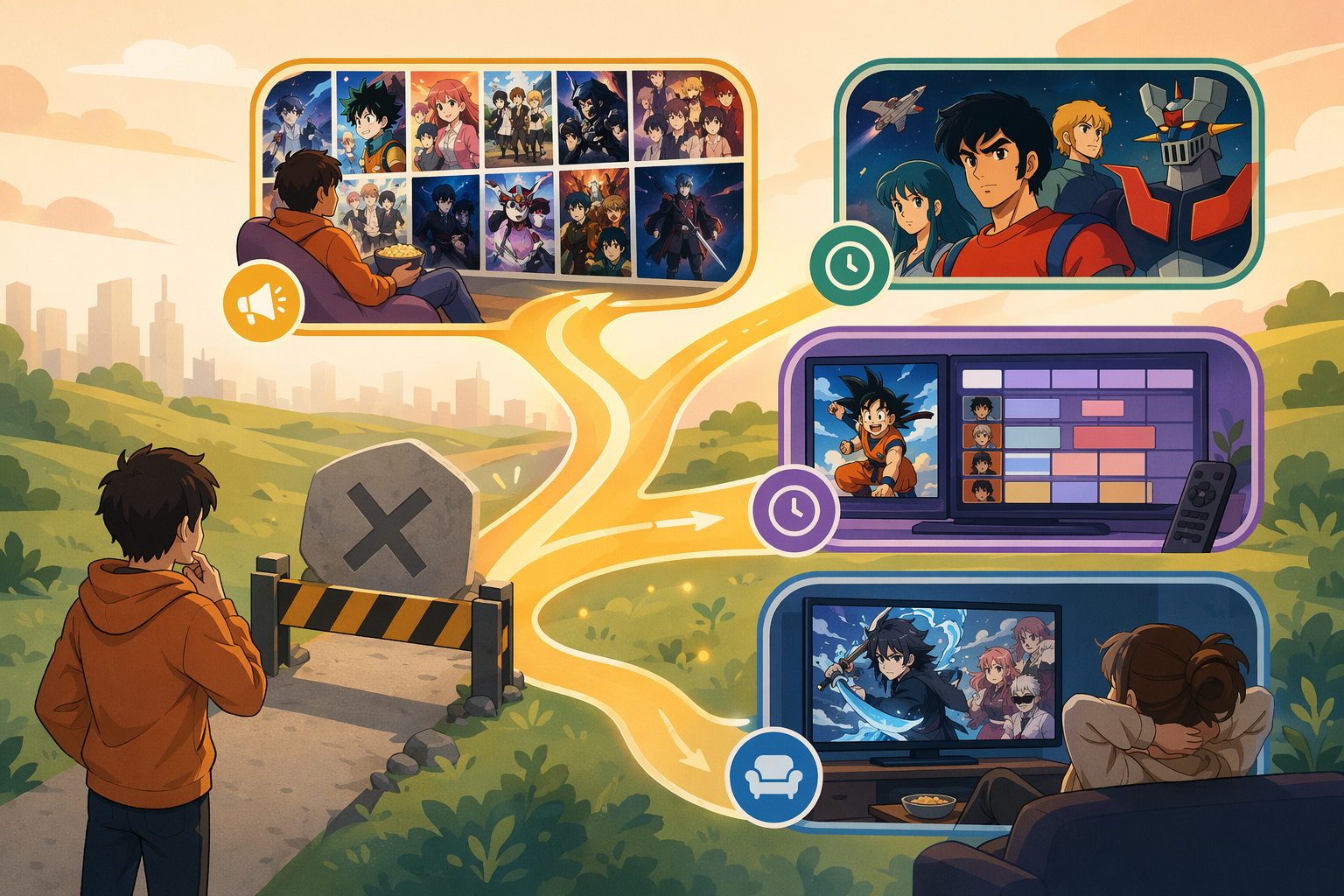 Illustration of branching free anime viewing options including ad-supported libraries, vintage catalogs, and linear channels