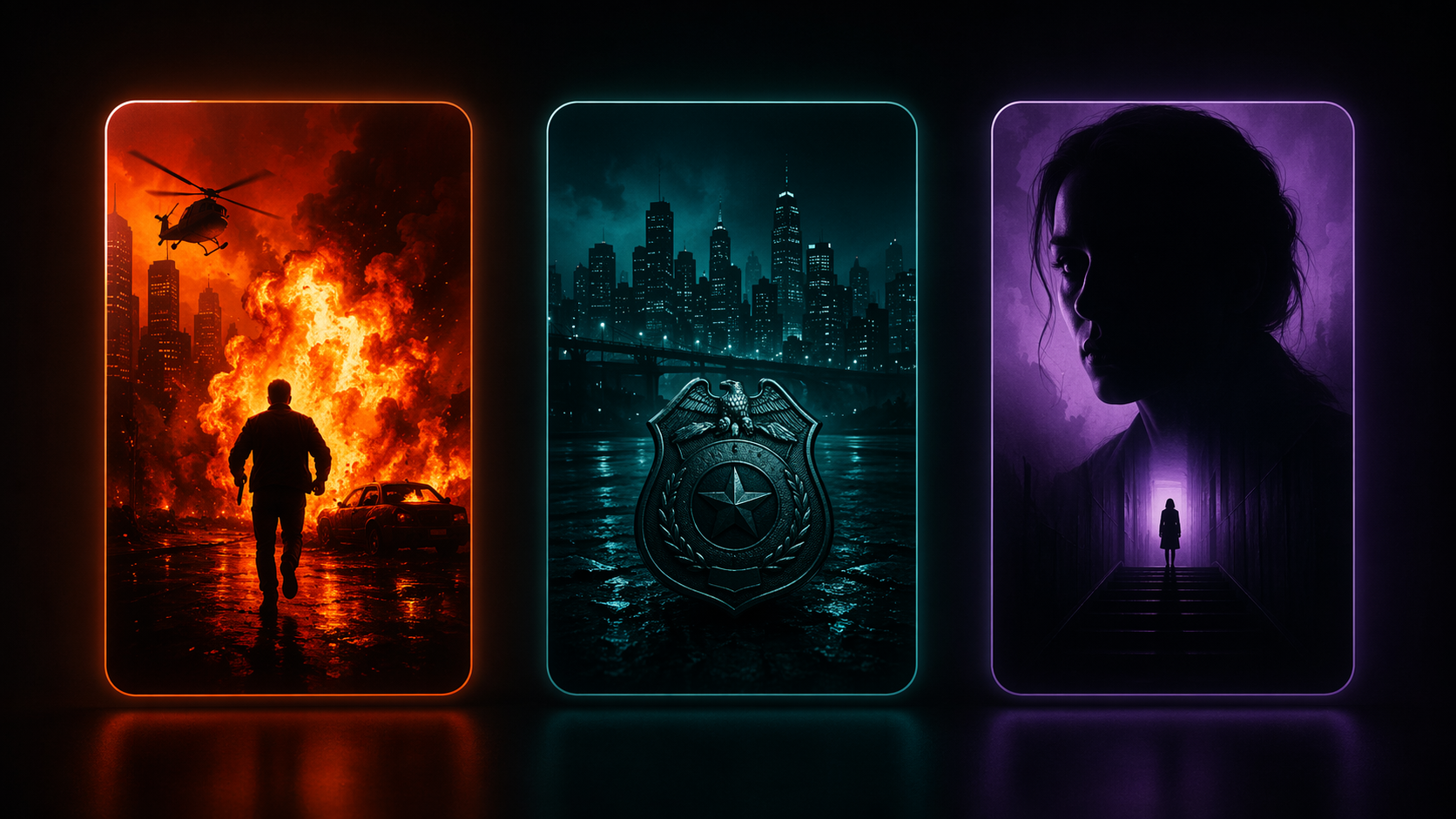 Three glowing cards representing action thrillers, crime thrillers, and psychological thrillers