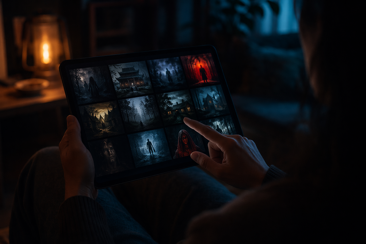 A tablet showing lesser-known international horror movie thumbnails from several regions