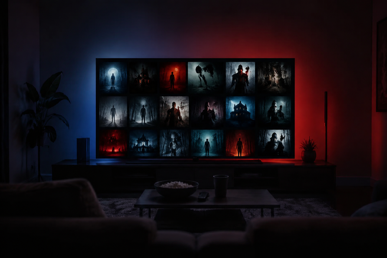 A dark living room lit by a streaming interface full of horror movie thumbnails