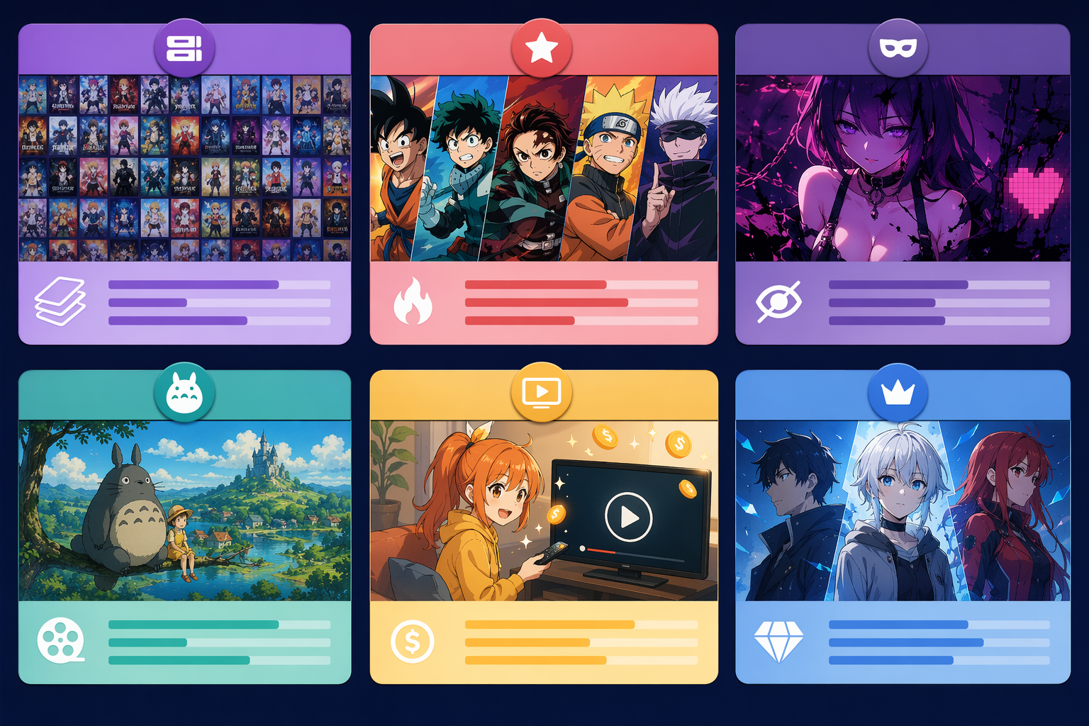 Illustration of six streaming service cards arranged for side-by-side anime comparison